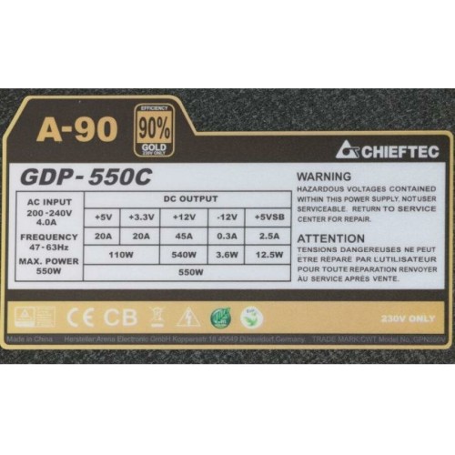 Блок питания  Chieftec 550W Retail GDP-550C [А-90] МОДУЛЬНЫЙ, v.2.3/EPS, КПД >90%,  A.PFC, 2x PCI-E (6+2-Pin), 6x SATA, 3x MOLEX, Fan 14cm